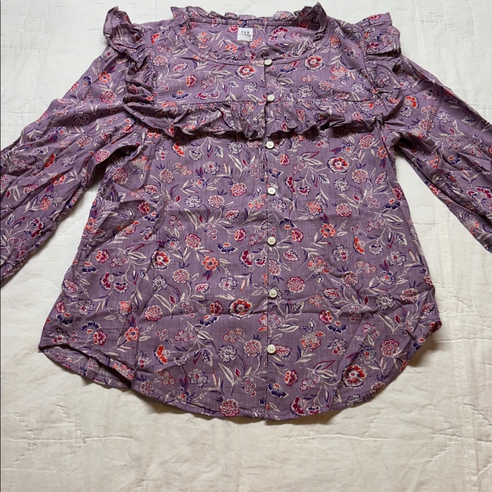 GAP Boho Ruffle-Trim Floral Blouse Women's Purple Long Sleeve Button-Front Top